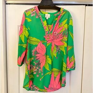 Julie Brown tropical tunic top with pom pom detail
